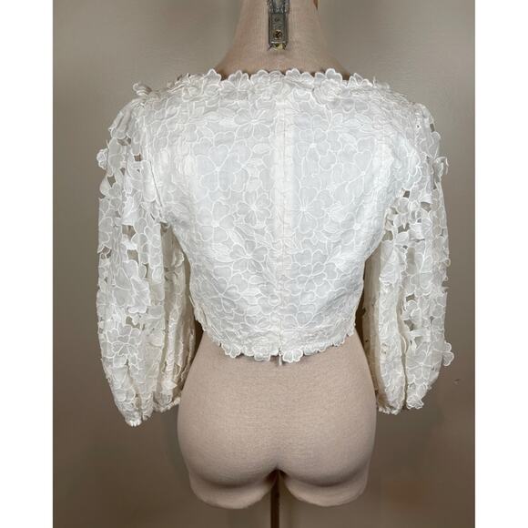 Zimmermann Lola Embroidered Floral Ramie White Puff Sleeve Crop Top Size 8 - Picture 7 of 10